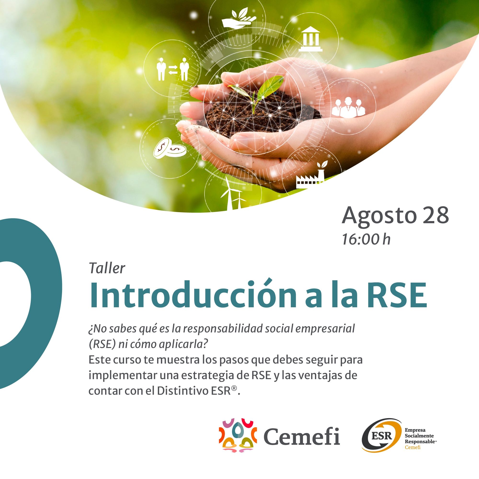 En imagen unas manos sosteniendo un poco de tierra y el brote de una planta y el texto taller introducción a la RSE. Más información en el cuerpo de esta nota. 
