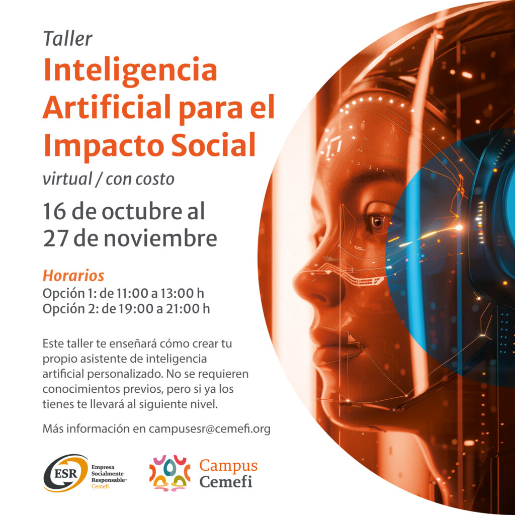 En imagen una persona simulando un ropbot y el texto: Curso virtual: Inteligencia Artificial para el Impacto Social