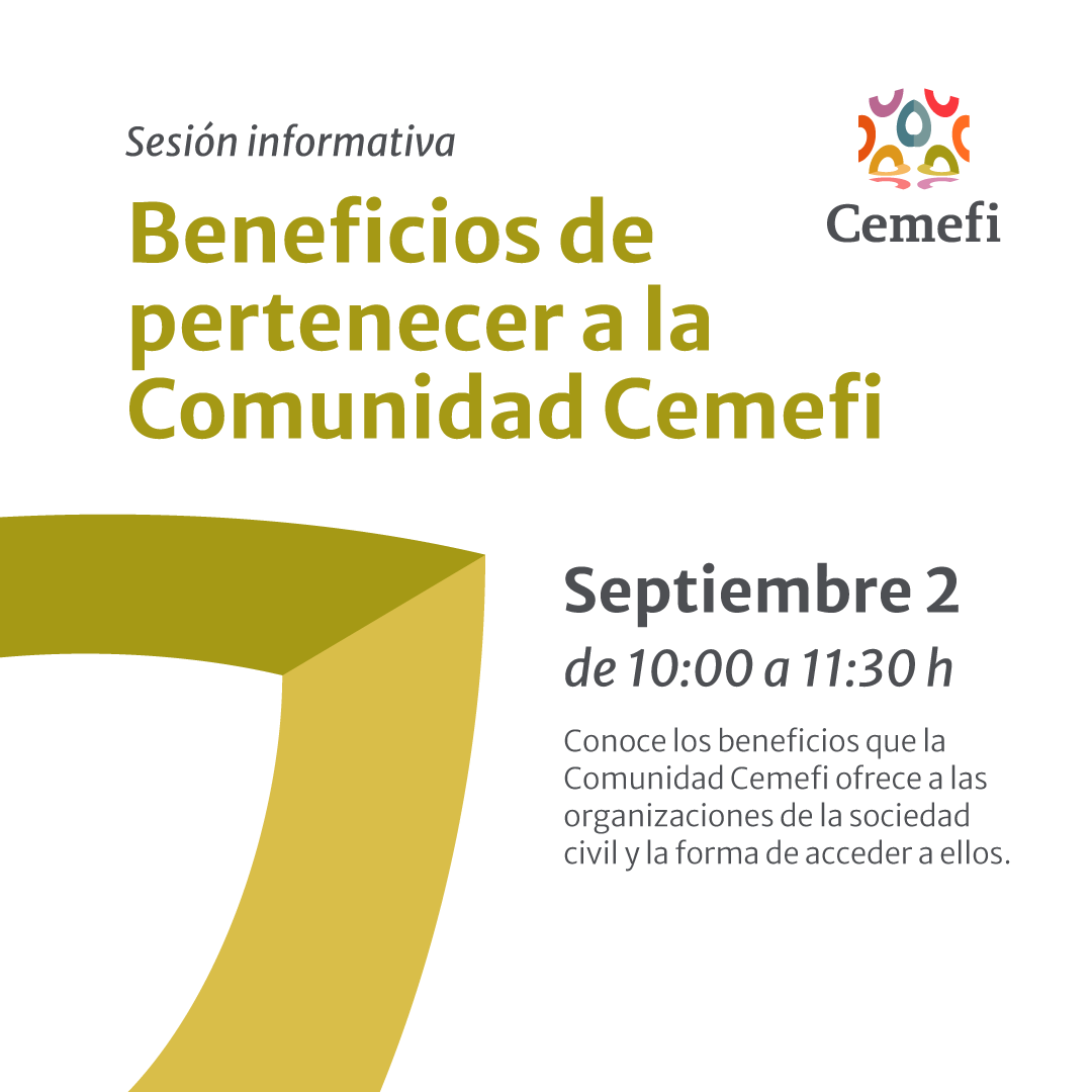 Gráfico beneficios de pertenecer a la comunidad Cemefi. ilustración con logotipo Cemefi y datos 2 de septiembre de 10 a 11:30 horas.