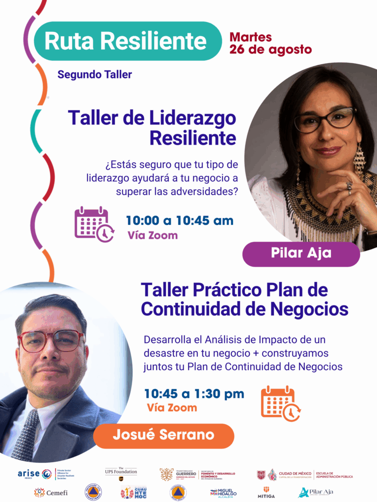 En imagen Pilar Aja y Josué Serrano, expositores del segundo taller de la ruta resiliente de ARISE.
Toda la infromación el cuerpo de esta nota.