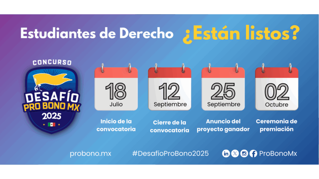 En imagen el texto Concurso Desafío Pro Bono 2025, dirigido a estudiantes de derecho. Toda la información en el cuerpo de esta nota.