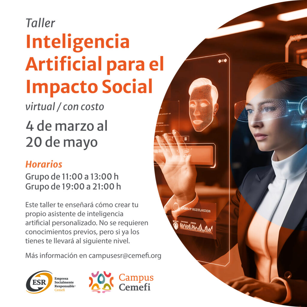 En imagen una persona simulando un robot y escribiendo en una pantalla digital y el texto: Curso virtual: Inteligencia Artificial para el Impacto Social