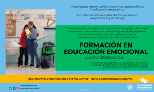 Imagen de persona adulta y una niña abrazandose en un salon de clase y el texto: Si eres pasante de la carrera de Trabajo Social, Pedagogía o Psicología te invitamos a postularte para cursar el Programa de Formación en Educación Socioemocional del método Yo Decido a llevarse a cabo de octubre de 2025 a julio de 2026.