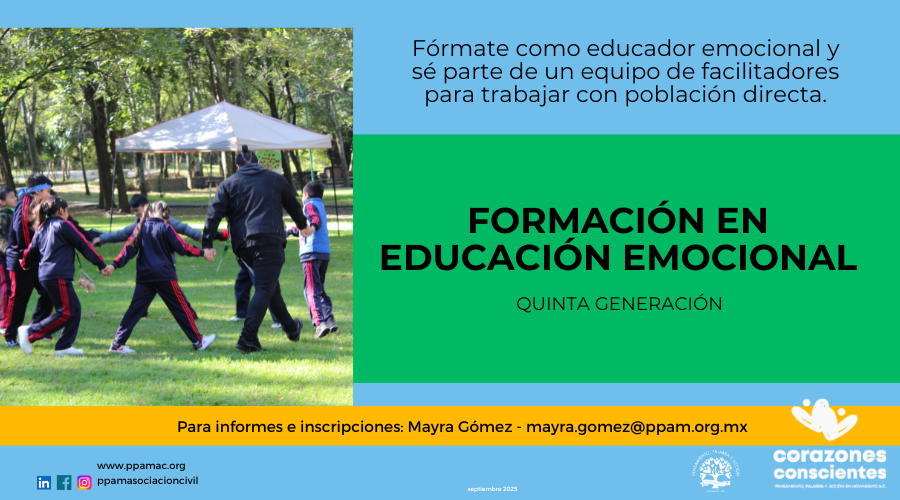 Imagen de persona adulta y niños realizando una actividad lúdica en un parque y el texto: Si eres pasante de la carrera de Trabajo Social, Pedagogía o Psicología te invitamos a postularte para cursar el Programa de Formación en Educación Socioemocional del método Yo Decido a llevarse a cabo de octubre de 2025 a julio de 2026.