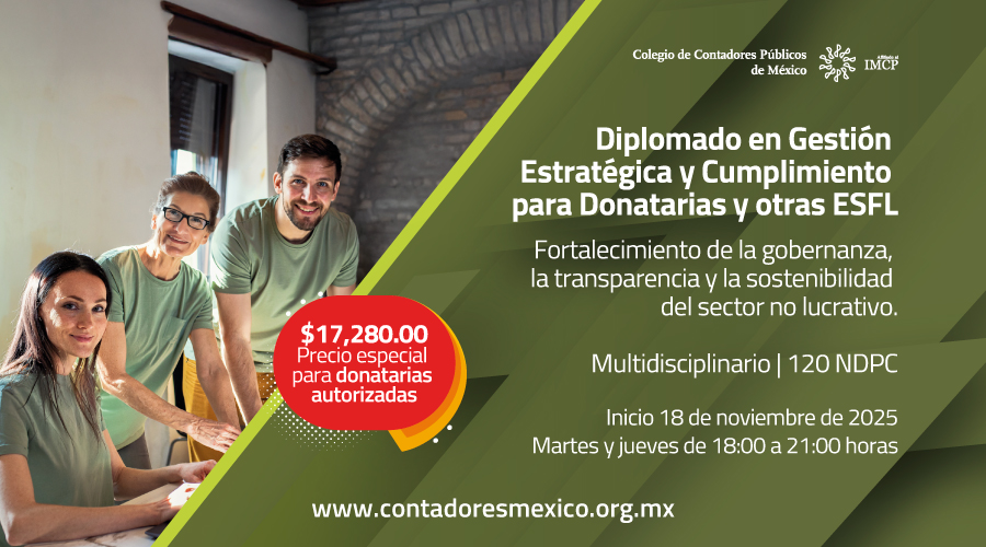 En imagen tres personas jóvenes sonriendo mientras trabajan en una oficina y el texto: Diplomado en Gestión Estratégica y Cumplimiento para Donatarias y otras ESFL. Más información en el cuerpo de esta nota.