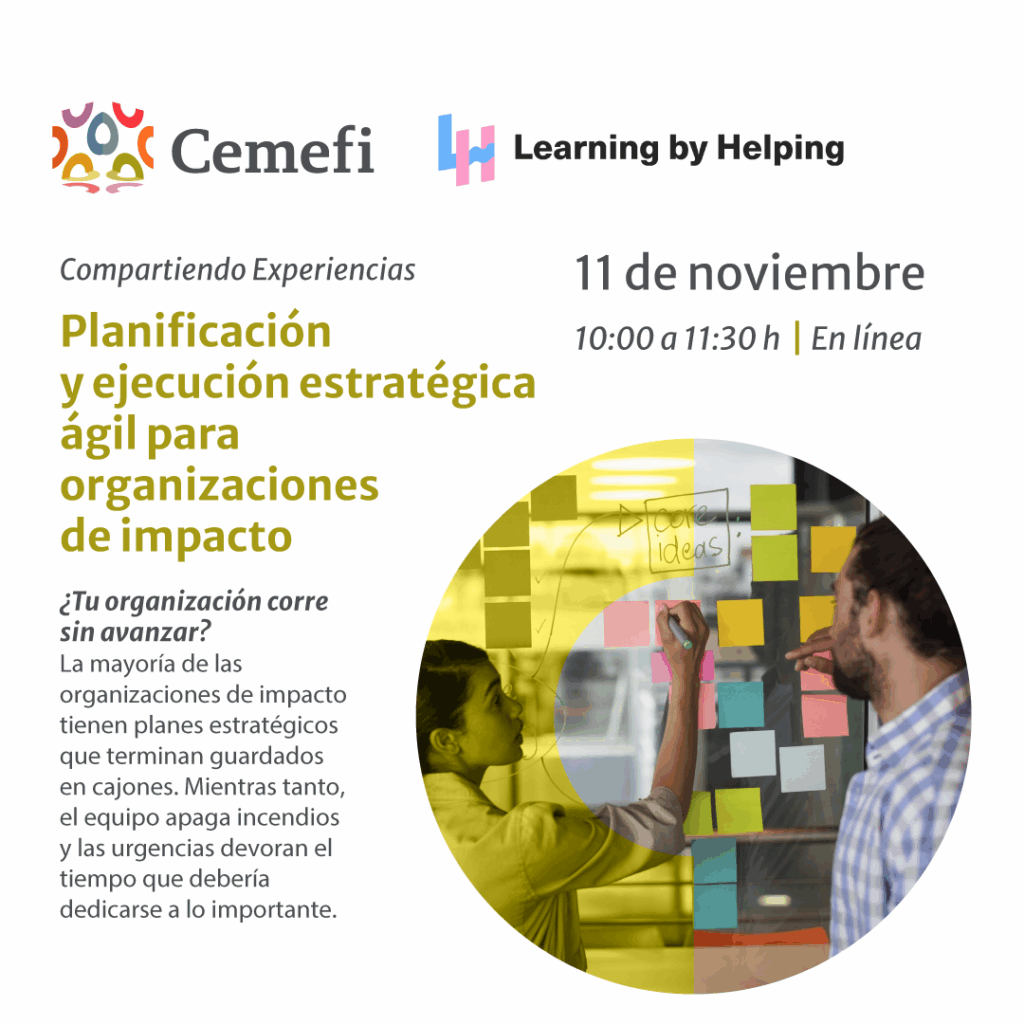 En imagen dos personas escribiendo ideas en una pared y utilizando papeles adhesivos y texto: Planificación y ejecución estratégica para organizaciones de impacto. Más información en el cuerpo de esta nota.