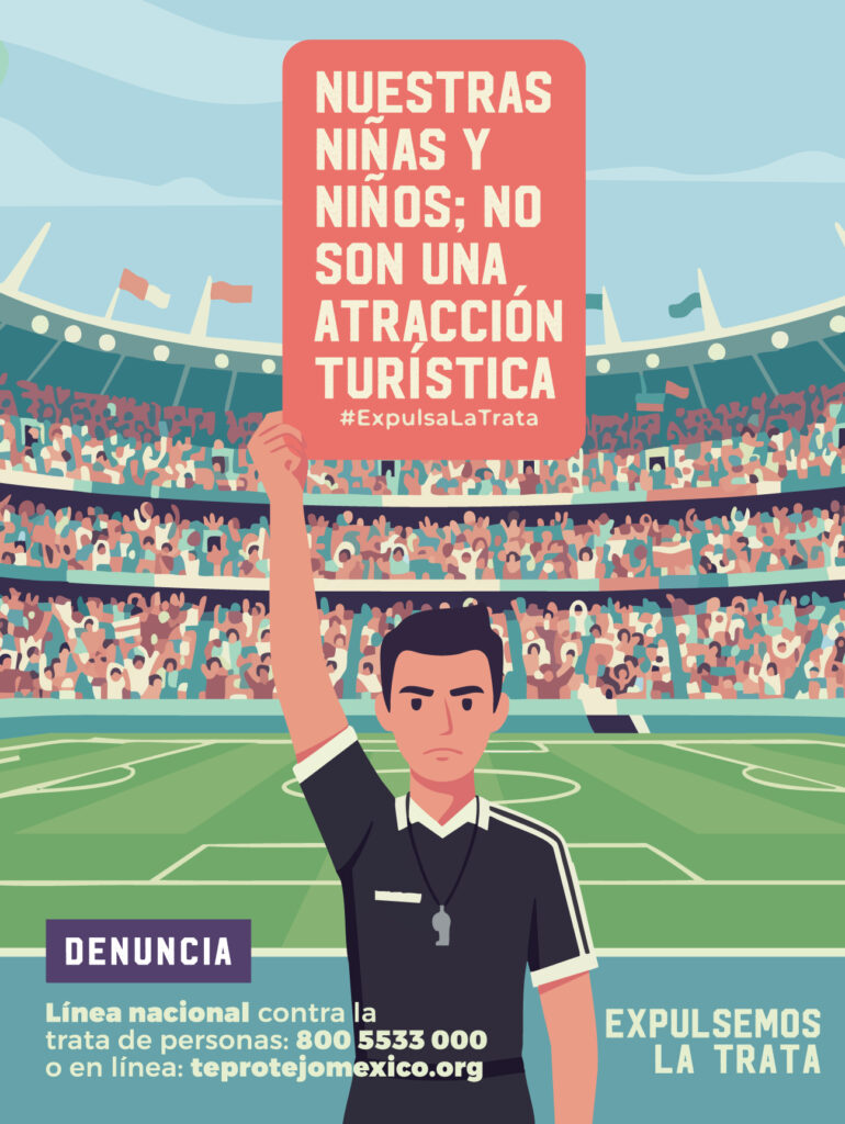 En imagen un árbitro de futbol levantando la mano con una tarjeta roja con la leyenda, nuastra niñez no es una atracción turística