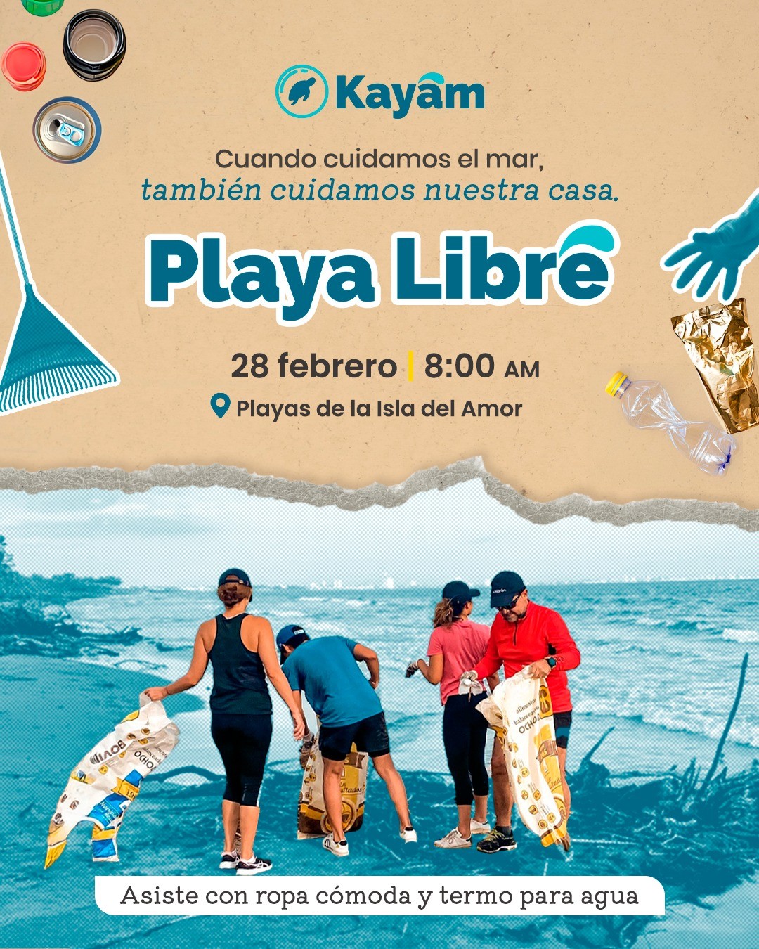 En imagen un grupo de personas realizando labores de limpieza de playa y el texto Participa en “Playa Libre” y apoya a las brigadas de limpieza en Veracruz