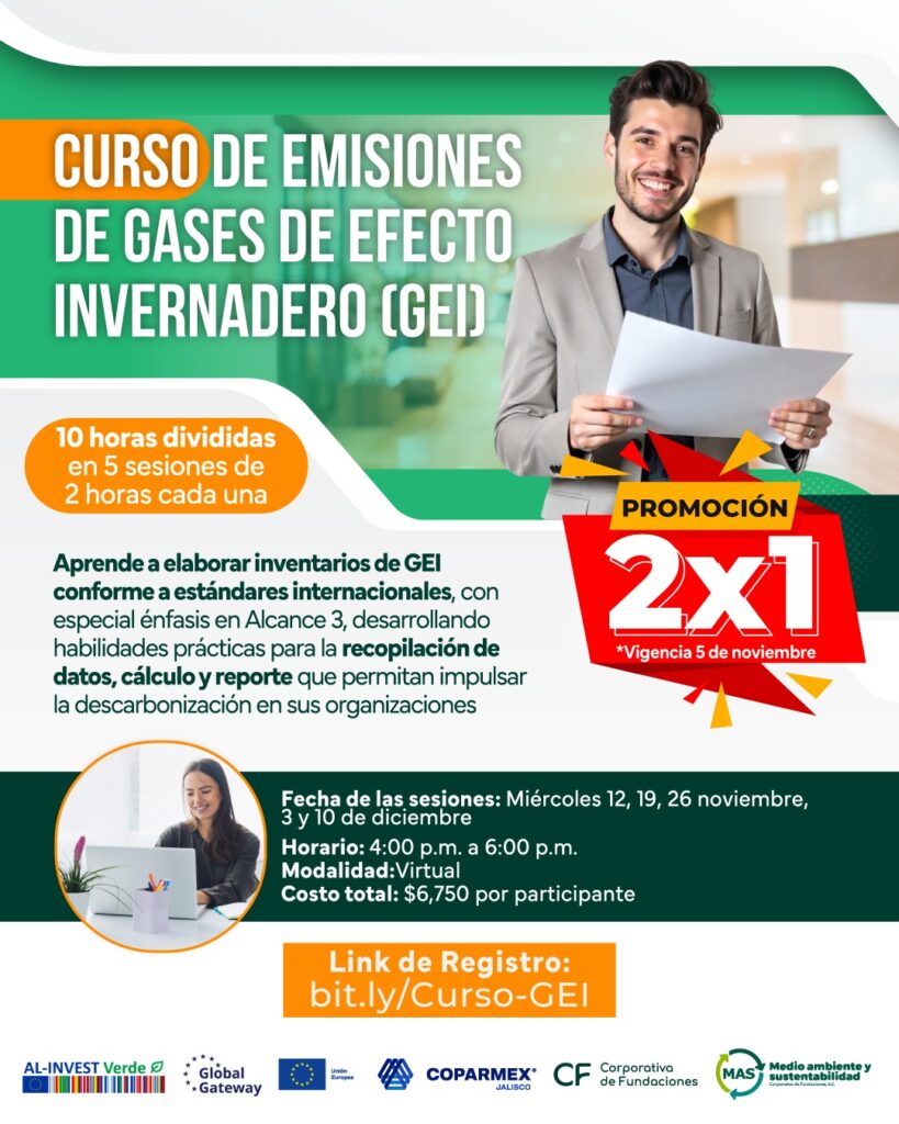 En imagen un hombre jóven sonriendo y leyendo un papel y en texto: Curso de Emisiones de Gases de Efecto Invernadero.
