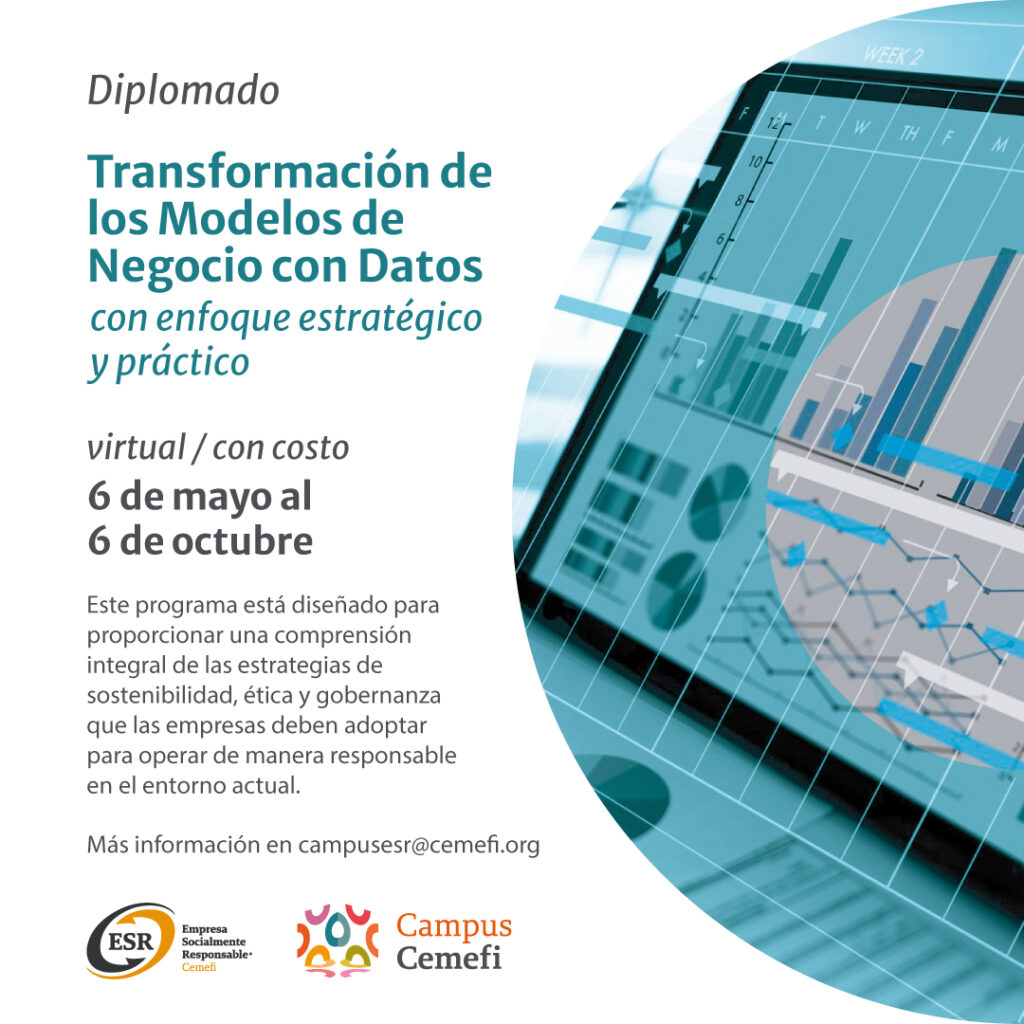 En imagen una computadora abierta con datos estadísticos y el texto diplomado transformación de modelos de negoscio con datos 