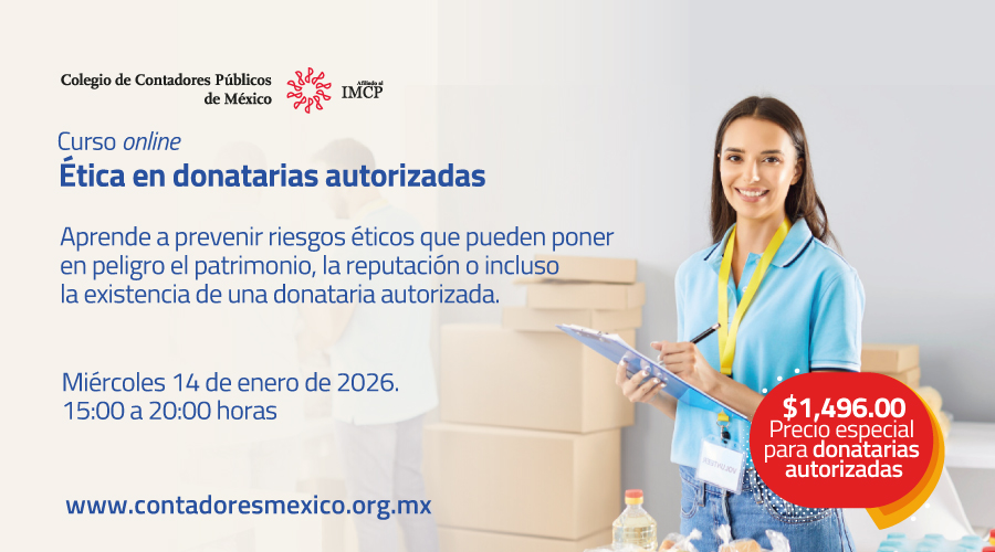 En imagen una mujer jovem con una tabla para tomar apuntes sonrié. En texto: Curso en línea: Ética en donatarias autorizadas. Más información en el cuerpo de esta nota, 