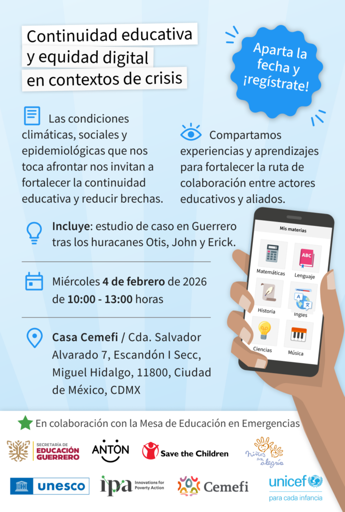 En imagen grafico de una  mano humana sosteniendo un teléfono móvil con aplicaciones educativas y el texto: Foro: Continuidad educativa y equidad digital en contextos de crisis. Más información en el cuerpo de esta nota.