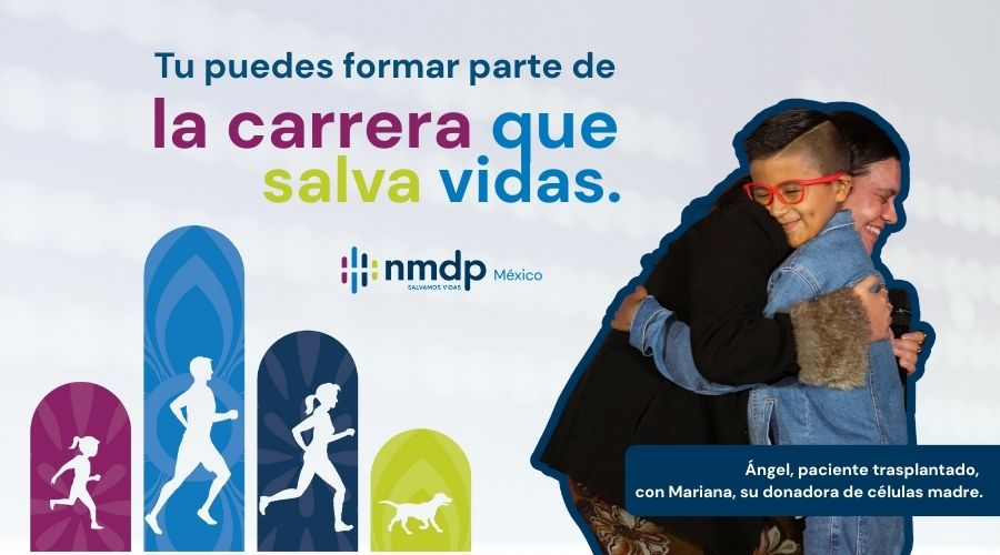 En imagen una mujer donadora de celulas madre abraza a un niño de nombre Ángel, paciente trasplantado con células madre. y el texto Gráfico informativo de la Carrera NMDP México con categorías y sede.
Se lee “#CORRE y sé un héroe”, “1 de marzo”, “3K 5K 10K”, “Parque Ecológico, Pue.”