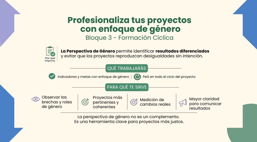 Imagen del curso de formación: Bloque 3. Incorporación de la perspectiva de género en proyectos. Modalidad virtual. Nivel básico–intermedio.
Del 25 de febrero al 25 de marzo. Formación en línea.”