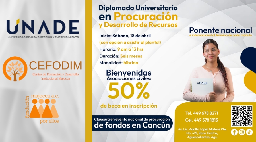 Información para el diplomado referente al lugar, fecha, hora, beneficios, logos de UADE y CEFODIM MAJOCCA, y números de contacto incluyendo código QR para chat de Whatsapp.