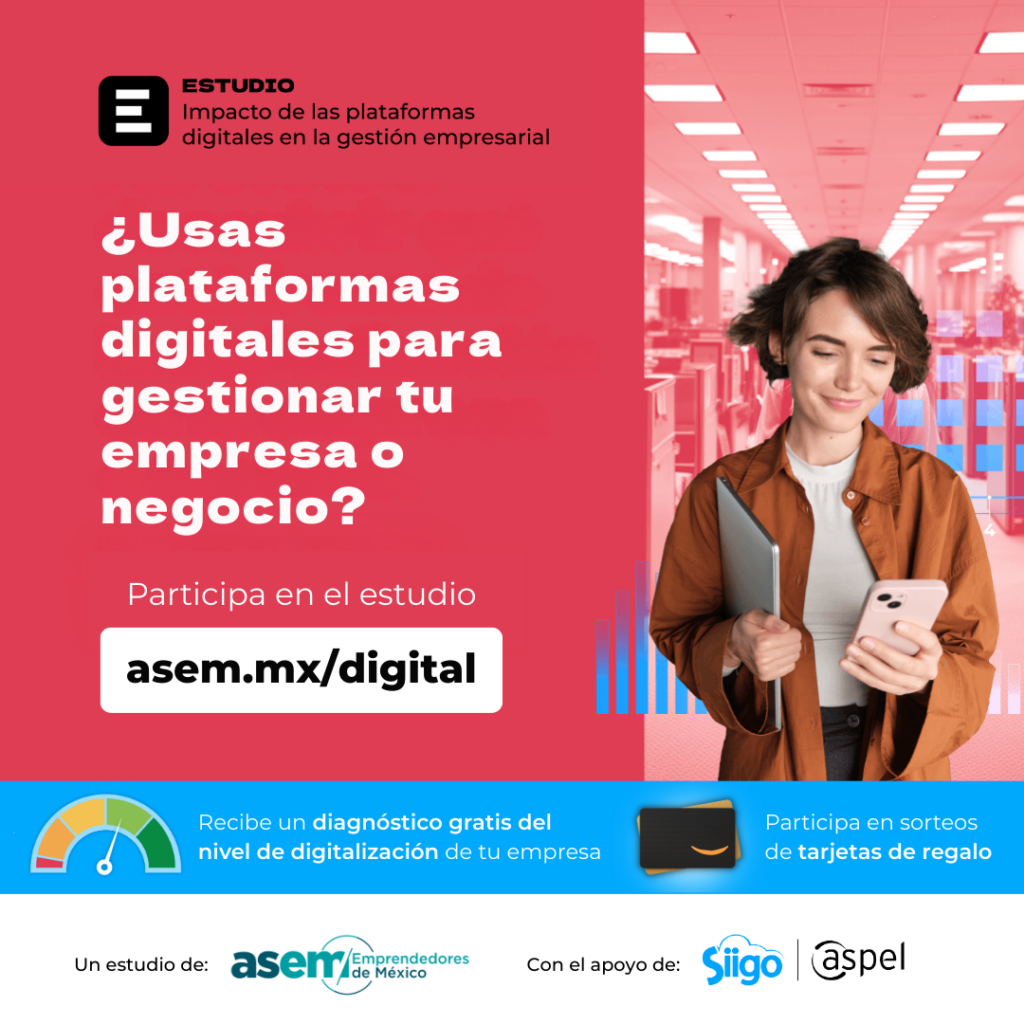 Mujer joven viendo el telefono y texto: Participa en el Estudio “Impacto de las plataformas digitales en la gestión empresarial”