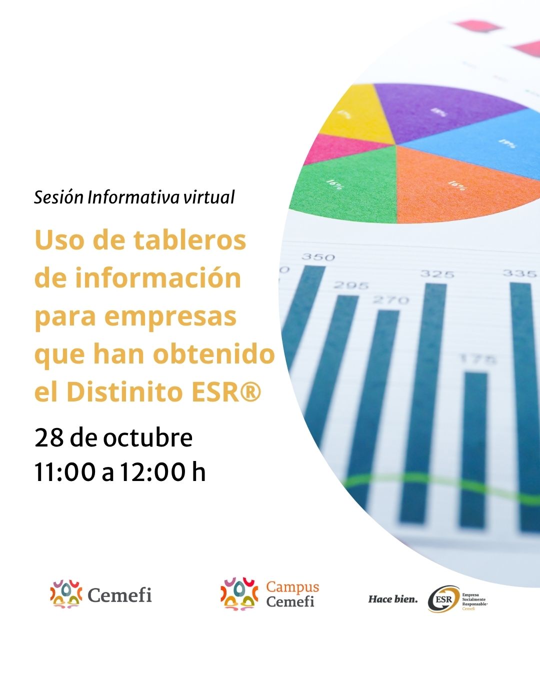 Cartel promocional de la "Sesión Informativa virtual: Uso de tableros de información para empresas que han obtenido el Distintivo ESR®", a celebrarse el 28 de octubre de 11:00 a 12:00 h. A la derecha, dentro de un marco circular, se muestra un informe con gráficos estadísticos, incluyendo una gráfica circular multicolor y un gráfico de barras azules con valores numéricos. En la parte inferior incluye los logotipos de Cemefi, Campus Cemefi, el lema "Hace bien." y el sello de Empresa Socialmente Responsable (ESR).