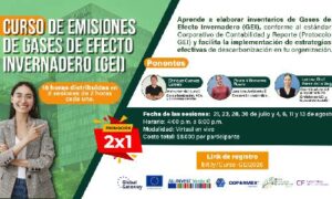 Cartel vertical del Curso de Emisiones de GEI con mujer sonriente de saco y edificio verde de fondo. Incluye nombre del curso, ponentes, fechas, costo, promoción 2x1 y link de registro.