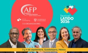 Imagen promocional del Festival Latido 2026. En la parte superior aparecen los logotipos de AFP (Association of Fundraising Professionals, Capítulo Occidente y Pacífico), Club de Fundraising y Universidad de Guadalajara, identificados como coorganizadores. A la derecha se muestra el logotipo del Festival Latido 2026. En la parte inferior aparecen seis personas invitadas al evento. Una franja amarilla indica: “3 y 4 de septiembre, Guadalajara, México”.