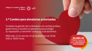 Cartel promocional en fondo rojo de la "2.ª Cumbre para donatarias autorizadas", con una ilustración de manos sosteniendo un corazón al centro e información sobre las fechas de realización del evento.
