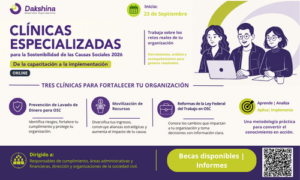Incluye el título del programa Clínicas Especializadas para la Sostenibilidad de las Causas Sociales 2026. De la capacitación a la implementación Online. Becas: Hasta 30% (Cupo limitado) Prevención de Lavado de Dinero para OSC | Movilización de Recursos | Reformas de la Ley Federal del Trabajo en OSC. Inicio 23 de septiembre | Herramientas aplicadas. Acciones que generan impacto. Informes 228 403 8050. Es un flyer promocional del ciclo de capacitaciones, que contiene puntos importantes, como título, fecha de inicio, información y formulario de contacto.