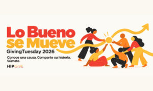 Ilustración de cinco personas conectadas por una línea amarilla que termina en una flecha ascendente, junto al nombre de la campaña Lo Bueno se Mueve y el logotipo de HIPGive