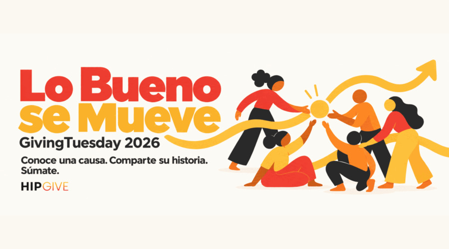 Ilustración de cinco personas conectadas por una línea amarilla que termina en una flecha ascendente, junto al nombre de la campaña Lo Bueno se Mueve y el logotipo de HIPGive