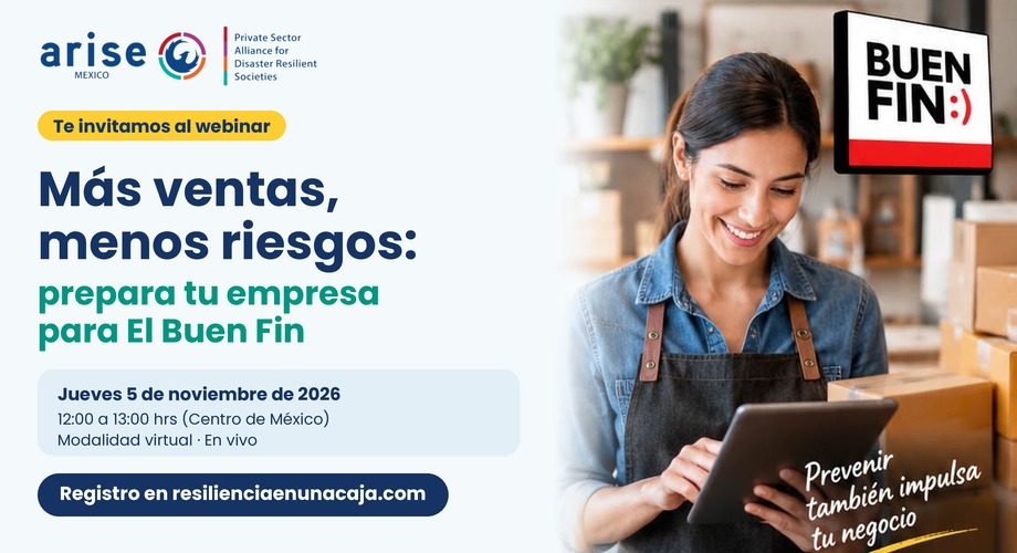EN imagen una mujer utilizando una tableta electrónica, el logotipo del buen fin y el texto ARISE México invita a empresas a prepararse para El Buen Fin con un webinario gratuito